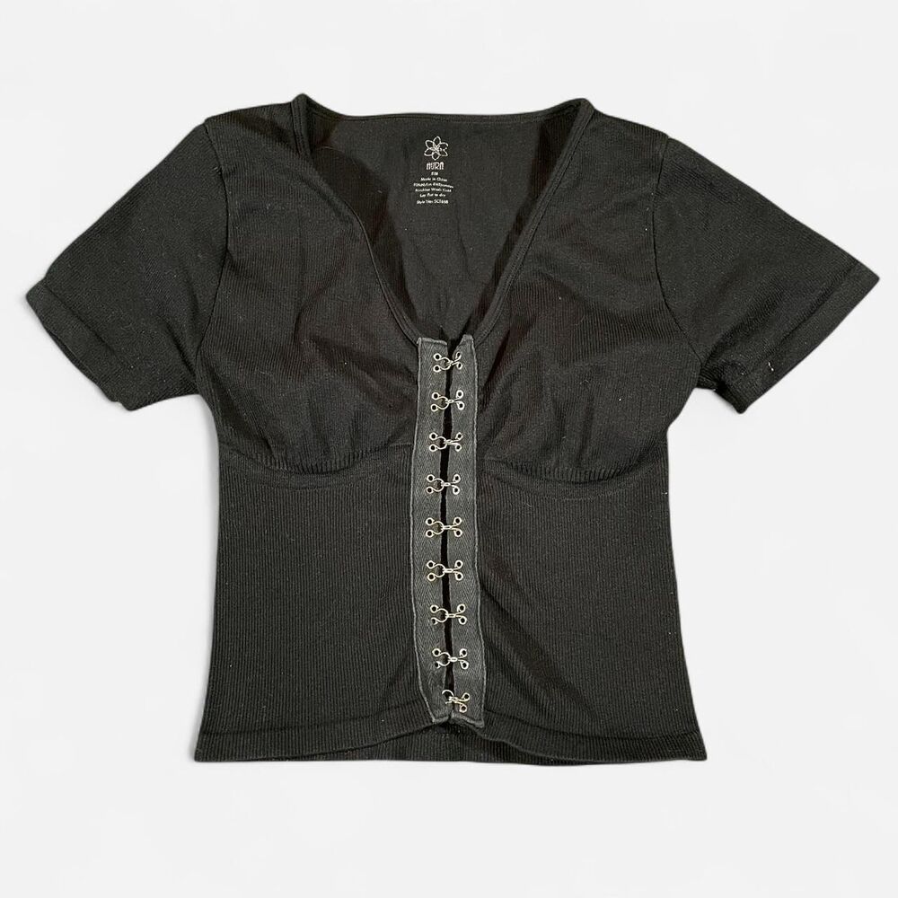 Aura Gothic Punk Black snap clip crop top with silver eyelets S/M petite
